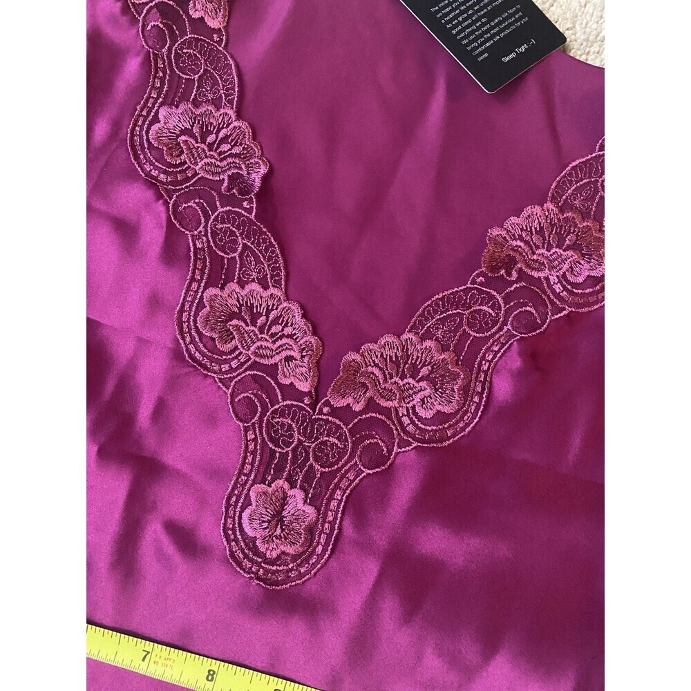 SILKSILKY  NWT 100% Silk Lace Neck Split Hem Nightgown Dress Color Wine Size XS - Picture 9 of 11